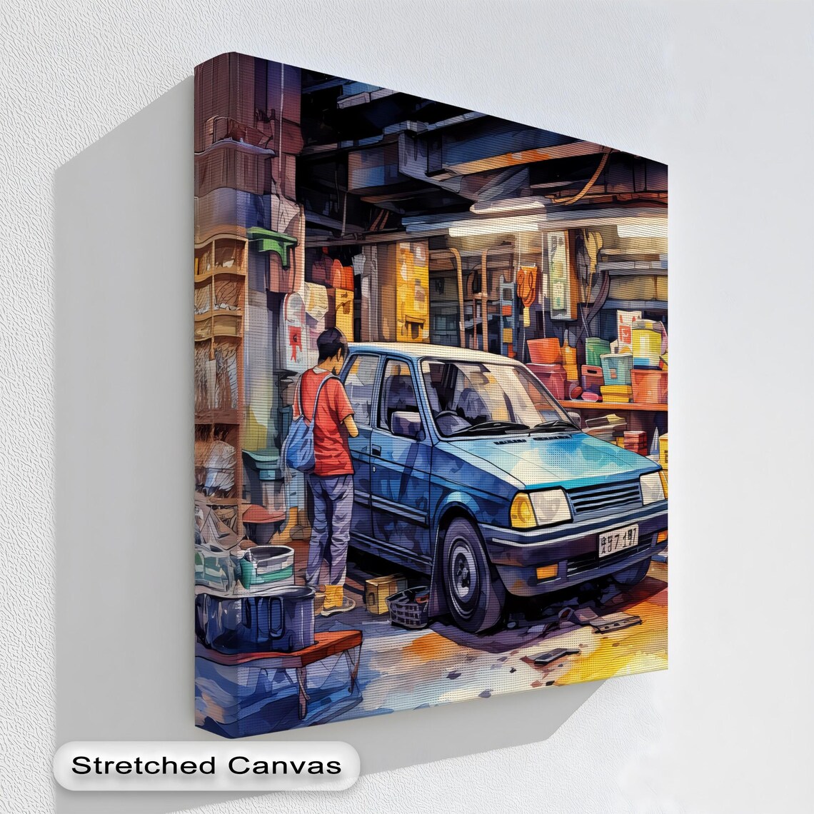 Blue Classic Car Auto Repair Shop Scene Retro Garage Art Poster