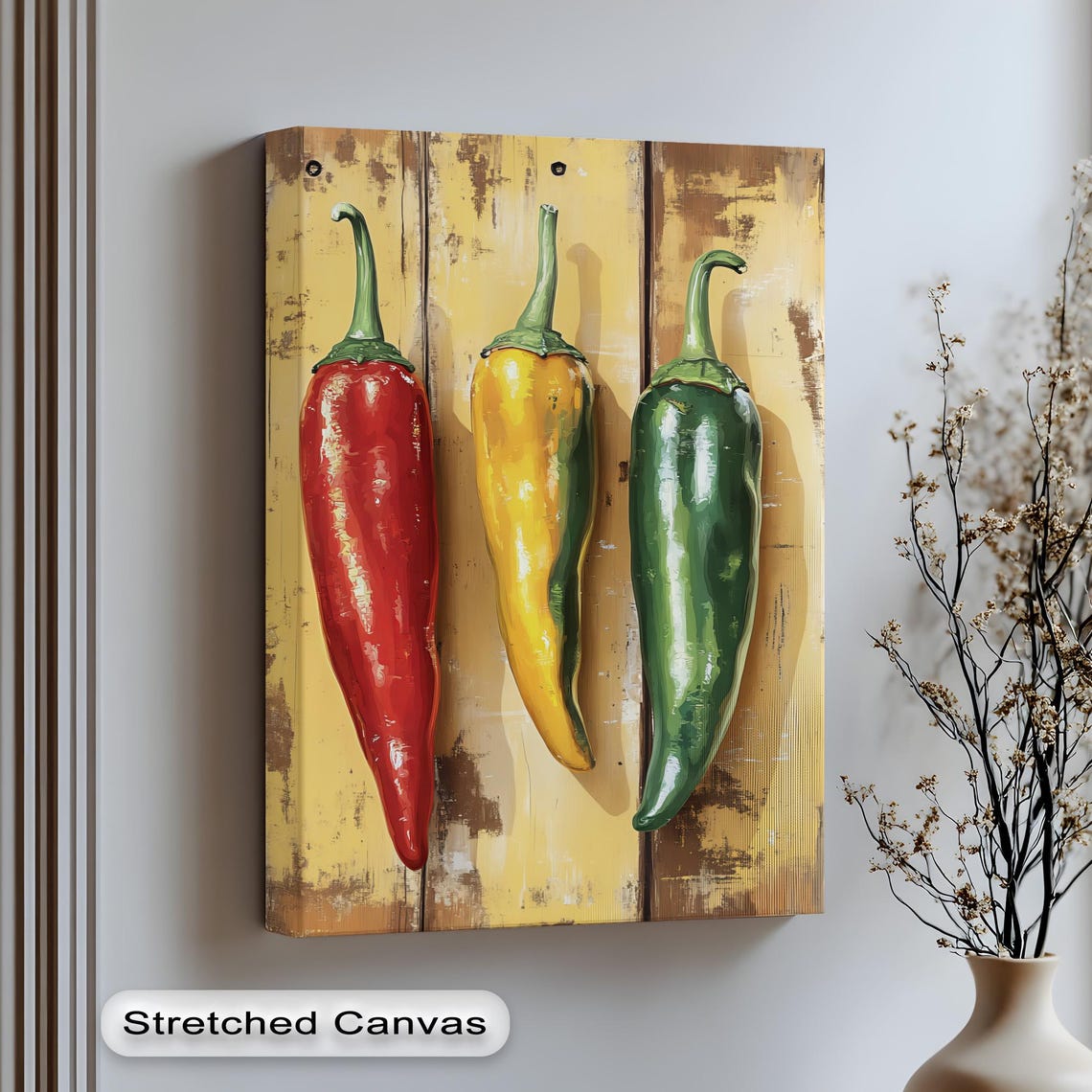 Red Yellow Green Chili Peppers on Rustic Wood Kitchen Wall Art