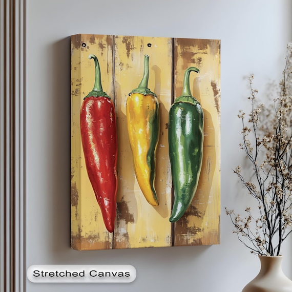 Red Yellow Green Chili Peppers on Rustic Wood Kitchen Wall Art