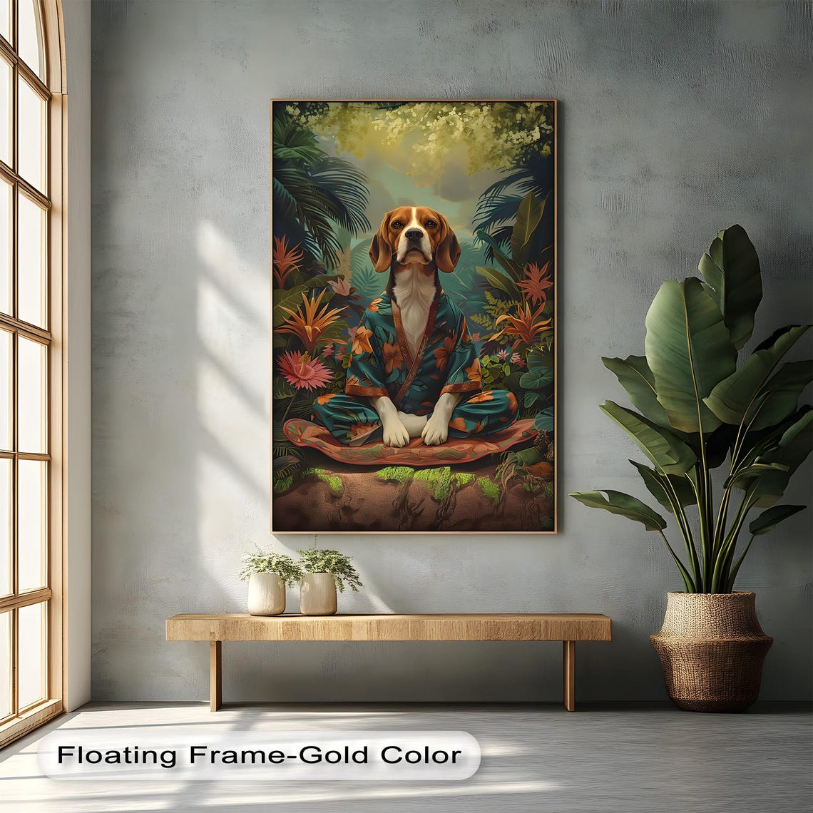 Zen Beagle Meditating Kimono Tropical Jungle Funny Dog Art Poster