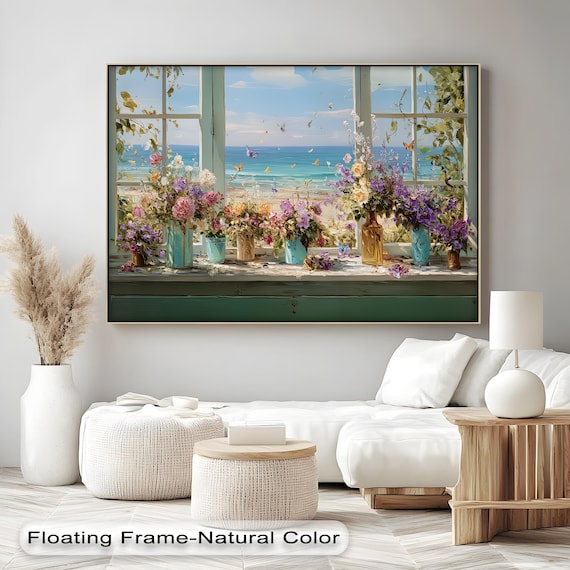 Floral Window Sill Ocean View Butterflies Cottage Art Poster