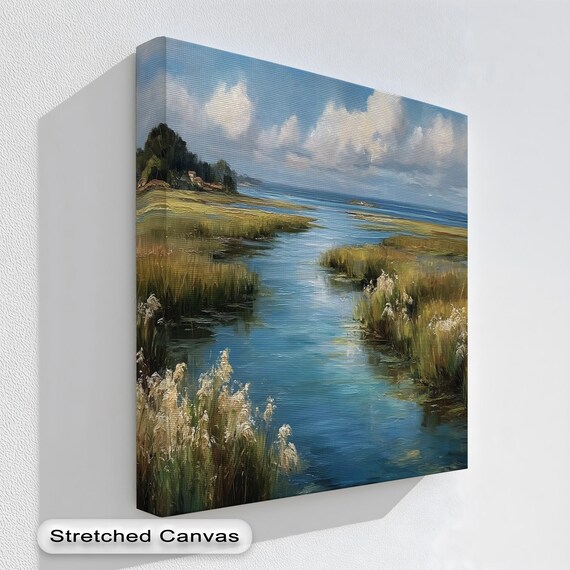Serene Coastal Marshland River Painting Nature Landscape Poster