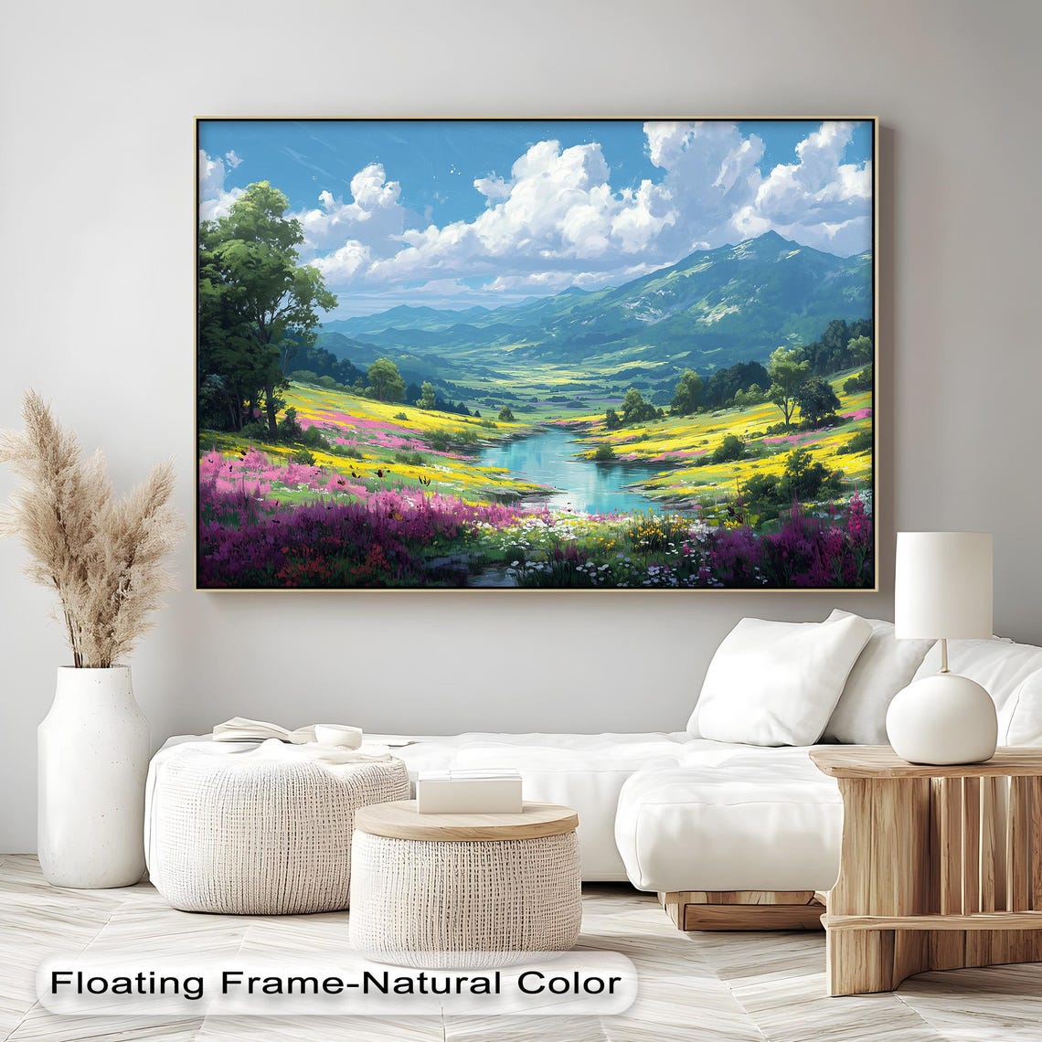 Wildflower Mountain Valley River Bright Landscape Canvas Wall Art