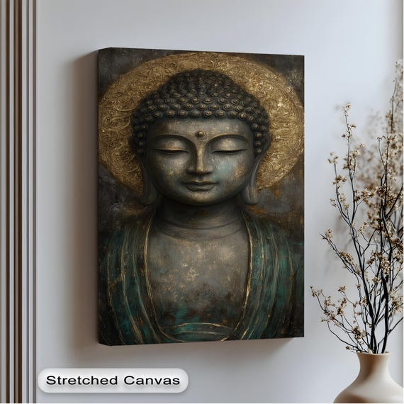 Gold And Teal Buddha Canvas Print Vertical Zen Wall Art