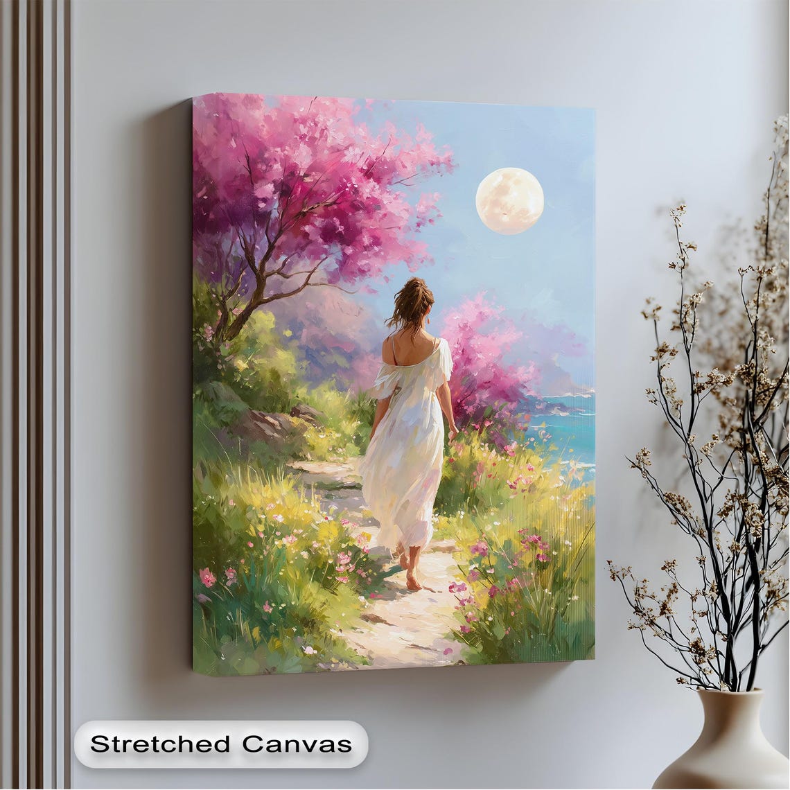 Woman In White Dress Walking Spring Blossom Path Moon Art Print