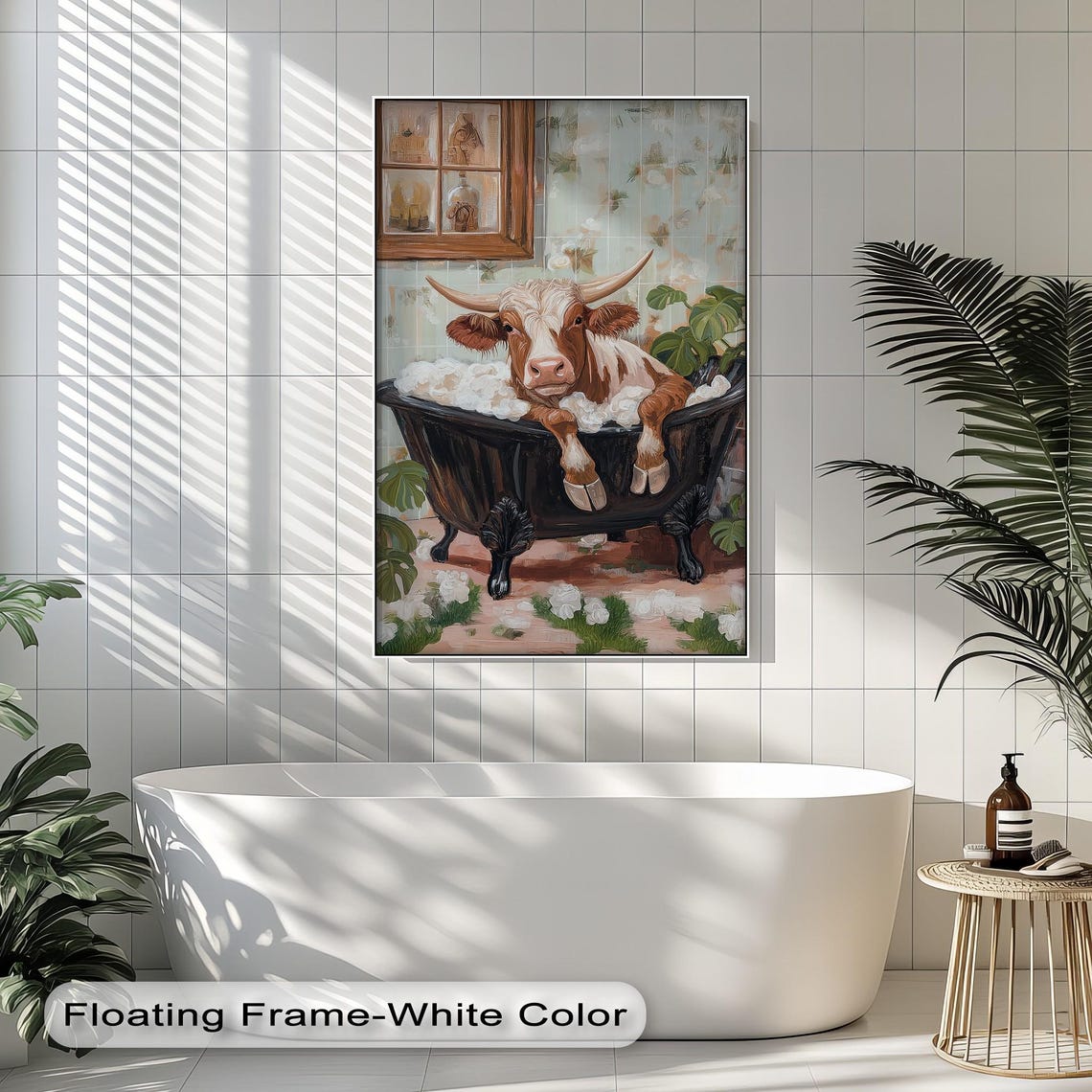 Texas Longhorn Cow in Bubble Bath Funny Farmhouse Bathroom Poster
