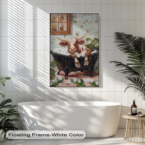 Cow In Bathtub Print Funny Farmhouse Bathroom Wall Art