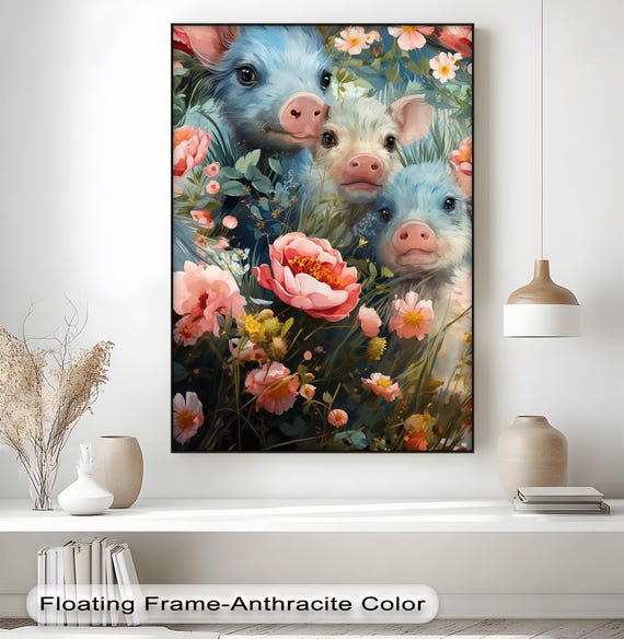 Piglets Floral Canvas Print Nursery Wall Decor Farmhouse Art