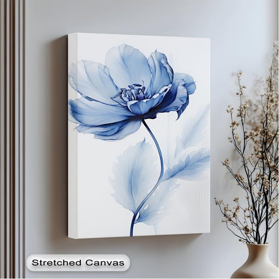 Blue Botanical Wall Art Anthracite Frame Modern Floral Canvas