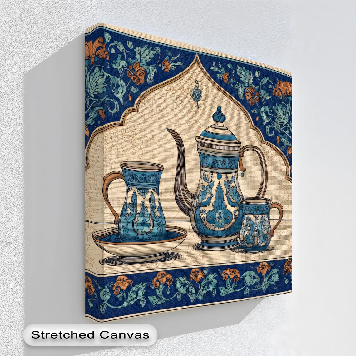 Ottoman Blue Ceramic Tea Set Floral Still Life Canvas Art Print