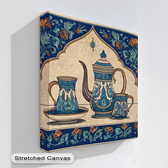 Ottoman Blue Ceramic Tea Set Floral Still Life Canvas Art Print