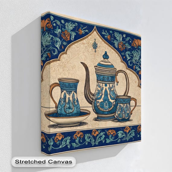 Ottoman Tea Set Canvas Wall Art Blue Beige Ceramic Print With Framed Artwork