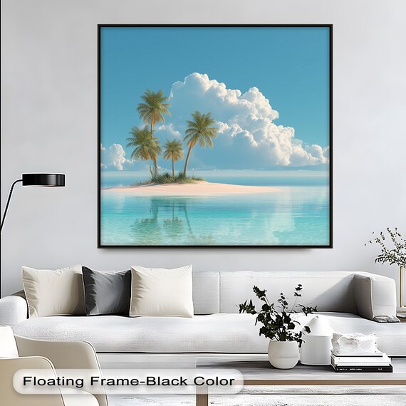 Tropical Island Canvas Art Serene Palm Tree Seascape With Natural Frame