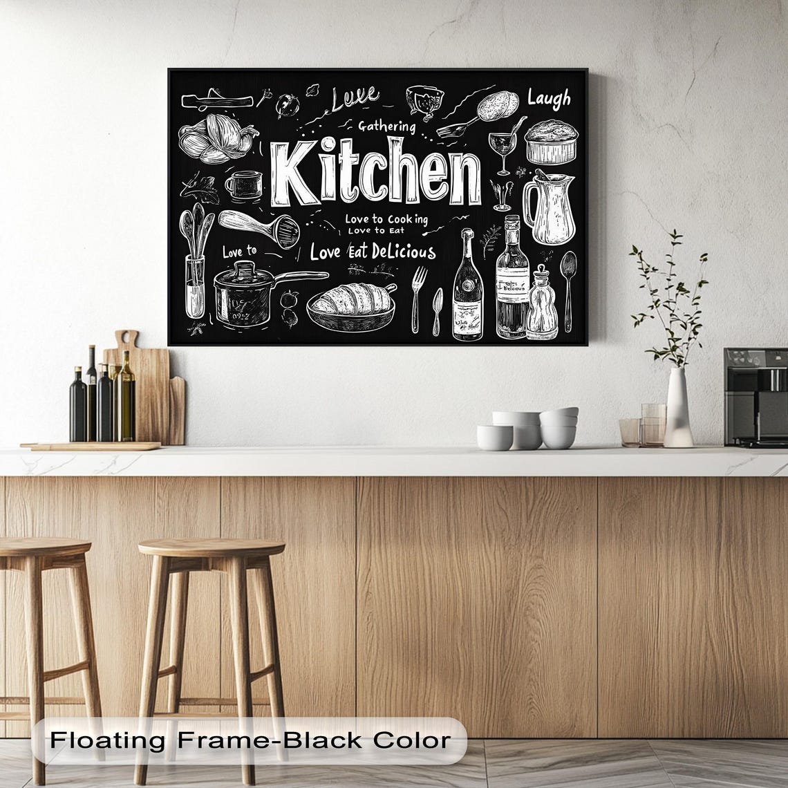 Chalkboard Kitchen Canvas Print Retro Cooking Illustration Gold Frame