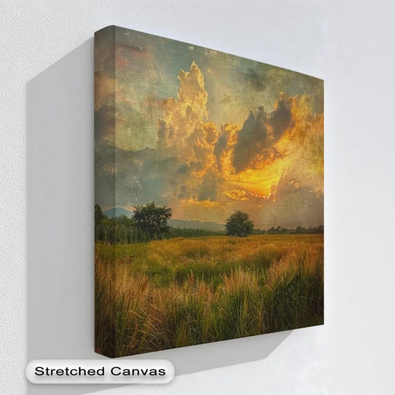 Sunset Meadow Canvas Print Golden Hour Landscape With Natural Wood Frame