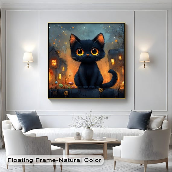 Halloween Black Cat Canvas Art Spooky Town Kids Room Decor