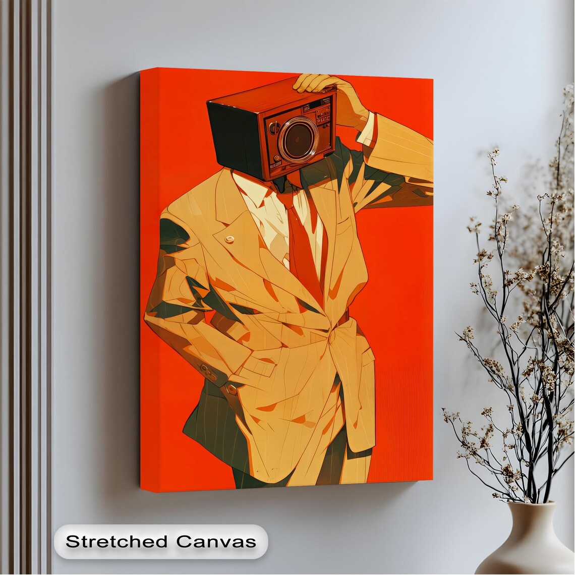 Surreal Man With Radio Head Retro Orange Suit Bold Abstract Canvas Poster