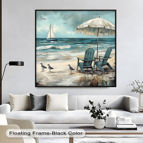 Adirondack Chairs Umbrella Seagulls Sailboat Beach Scene Wall Poster