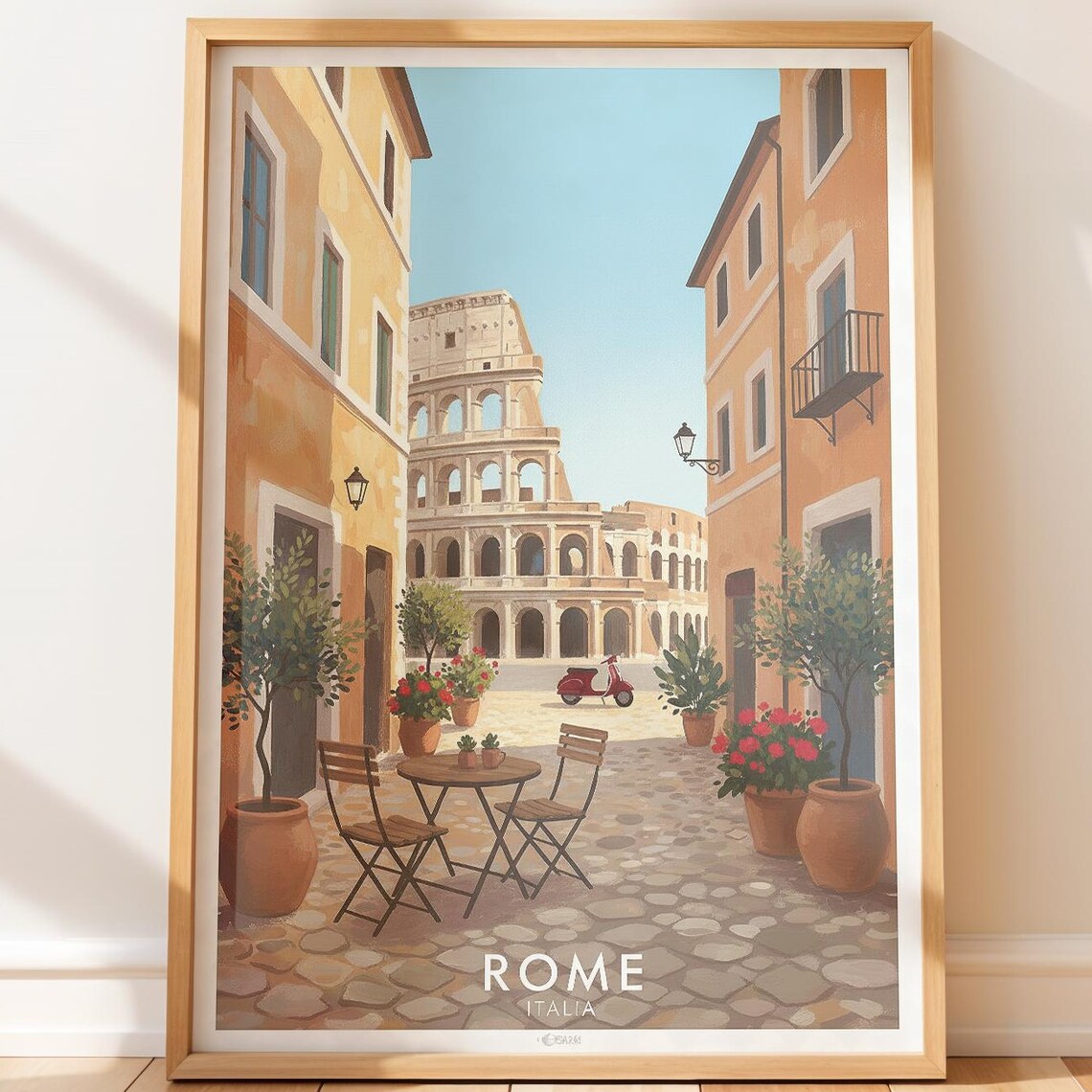 Rome Italia Colosseum Street Cafe Vespa Scene Travel Art Poster