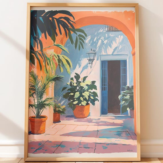 Mediterranean Courtyard Art Vintage Coastal Travel Illustration Sunlit Relaxed Terrace Decor Inspired Wall