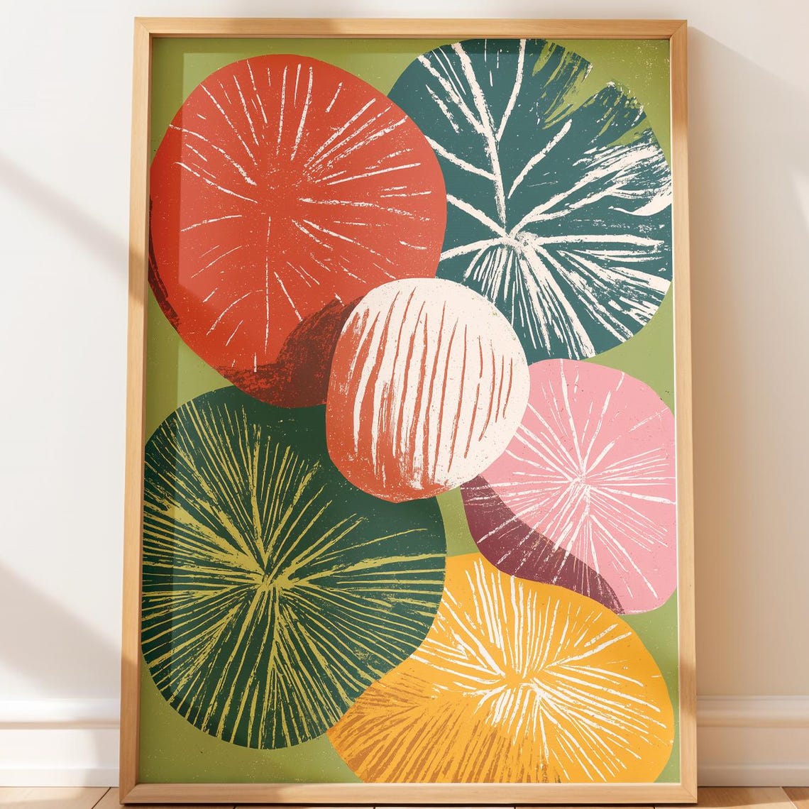 Colorful Circle Leaves Coral Teal Midcentury Botanical Poster