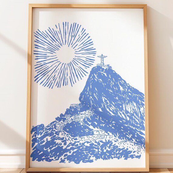 Rio Brazil Christ The Redeemer Corcovado Blue Line Sketch Poster