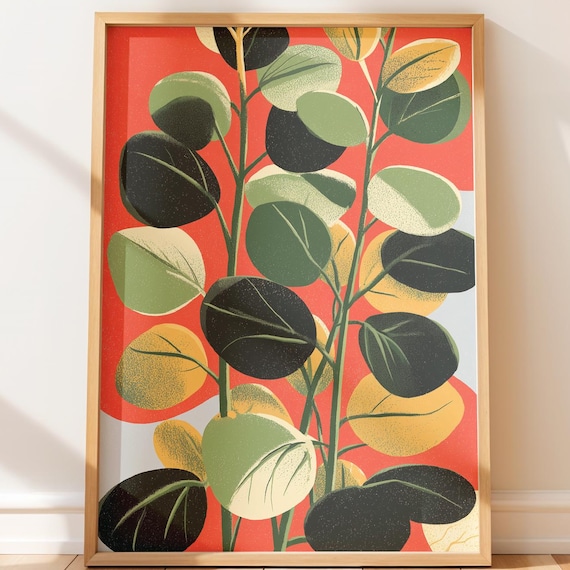Eucalyptus Leaves Coral Background Midcentury Botanical Wall Art