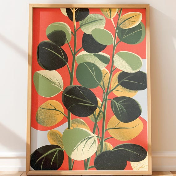 Midcentury Modern Botanical Art Abstract Layered Plant Shapes Colorful Retro Wall Mid Century Illustration