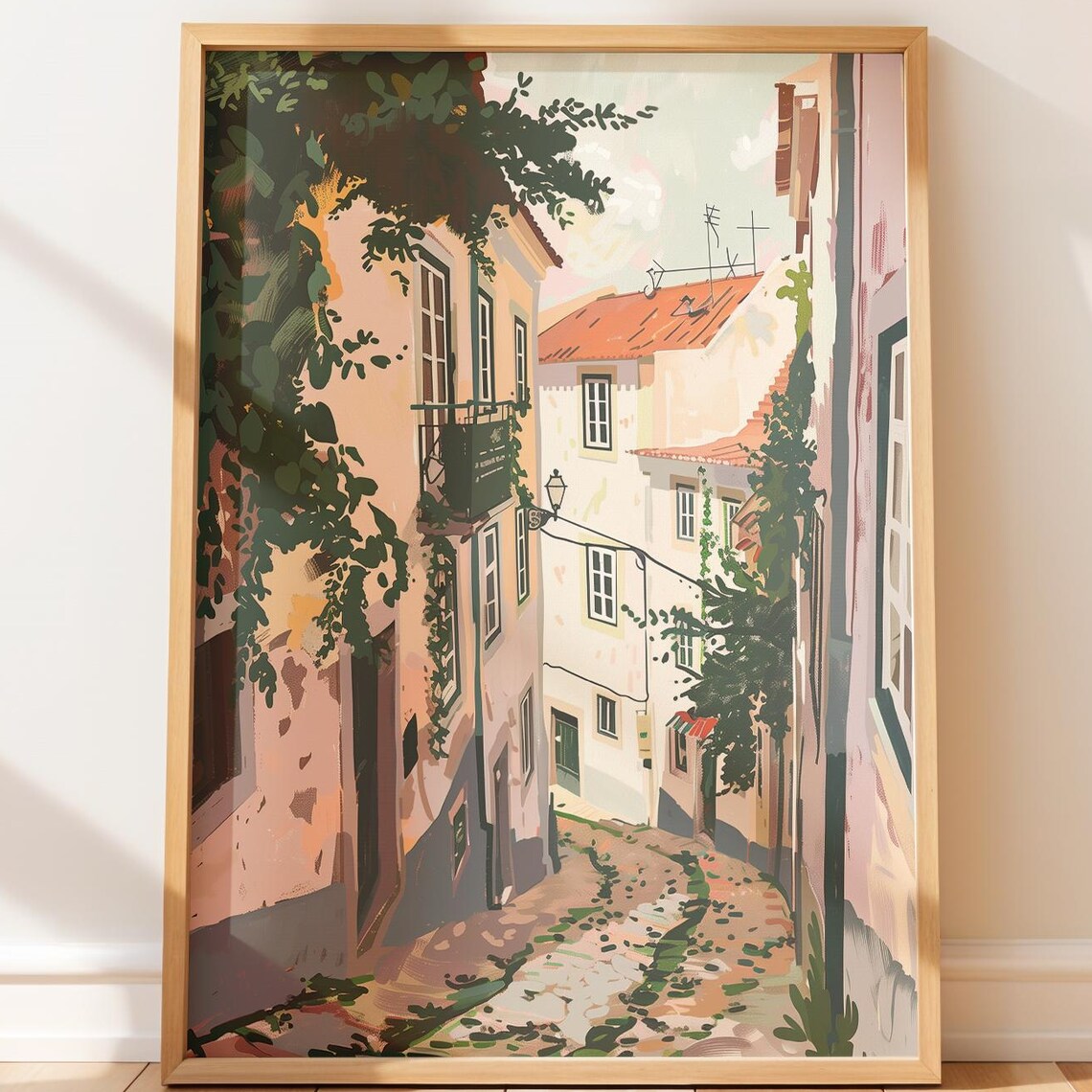 Old European Cobblestone Alley Terracotta Roofs Watercolor Poster