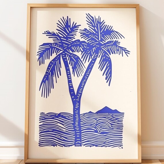Blue Palm Tree Ocean Waves Minimalist Tropical Line Art Poster