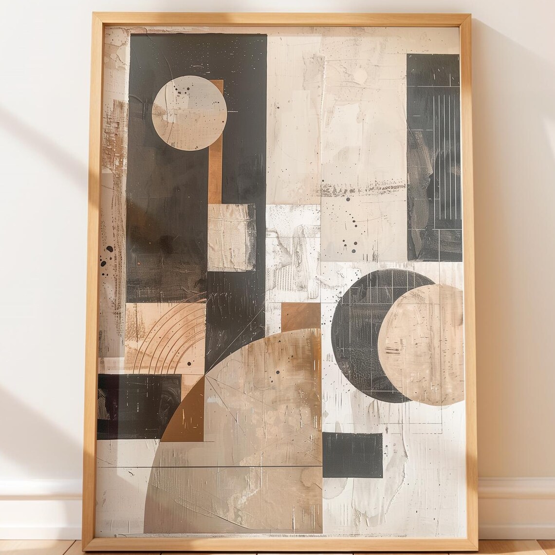 Neutral Geometric Circle Collage Beige Black Modern Art Poster
