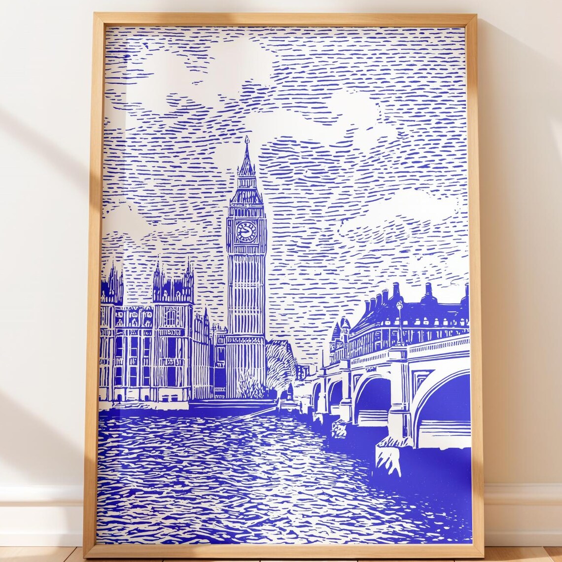 Big Ben London Blue Line Art Elizabeth Tower Thames Bridge Poster