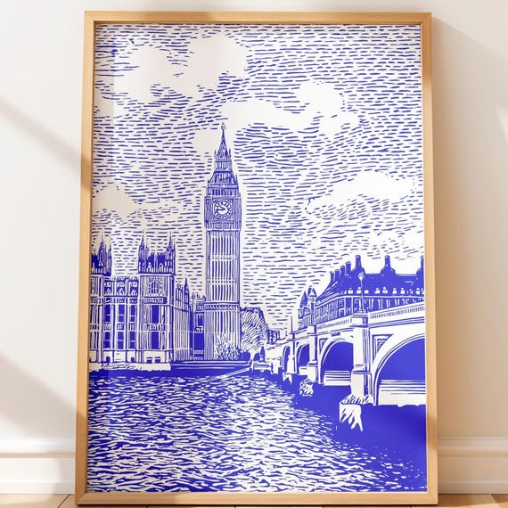 London Travel Poster Print Blue Wall Art Big Ben Illustration Minimalist City Uk Home Decor Modern Line