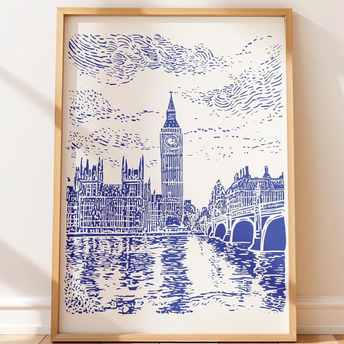 Big Ben London Minimalist Blue Line Art Poster Westminster Bridge View
