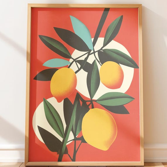 Modern Retro Citrus Branch Art Bold Yellow Lemons With Green Leaves Minimalist Vintage Botanical Decor