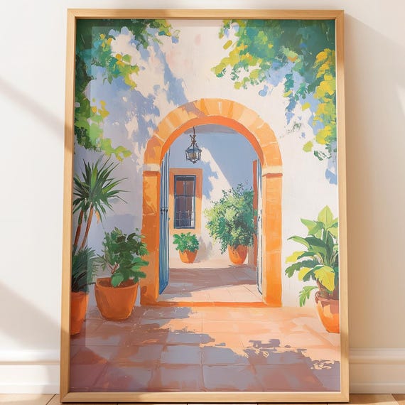 Mediterranean Sunlit Doorway Cozy Travel Illustration Rustic Courtyard Scene Vibrant Wall Decor