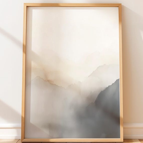 Neutral Mountain Landscape Art Print Minimalist Misty Peaks Japandi Style Abstract Watercolor