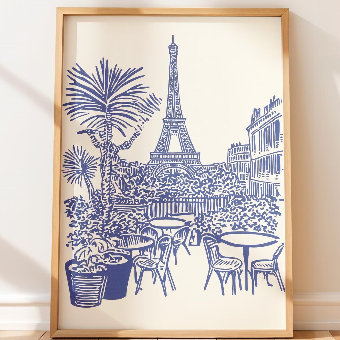 Eiffel Tower Blue Line Art Paris Cafe Terrace Palm Travel Poster