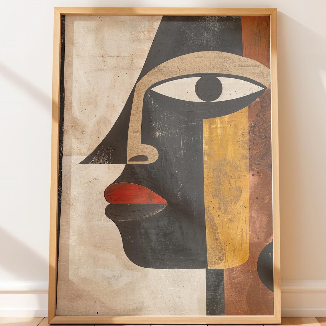 African Inspired Cubist Face Bold Eye Red Lips Modern Art Poster