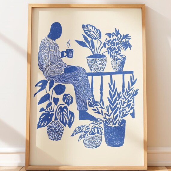 Blue Ink Coffee Reader Among Plants Botanical Linocut Poster