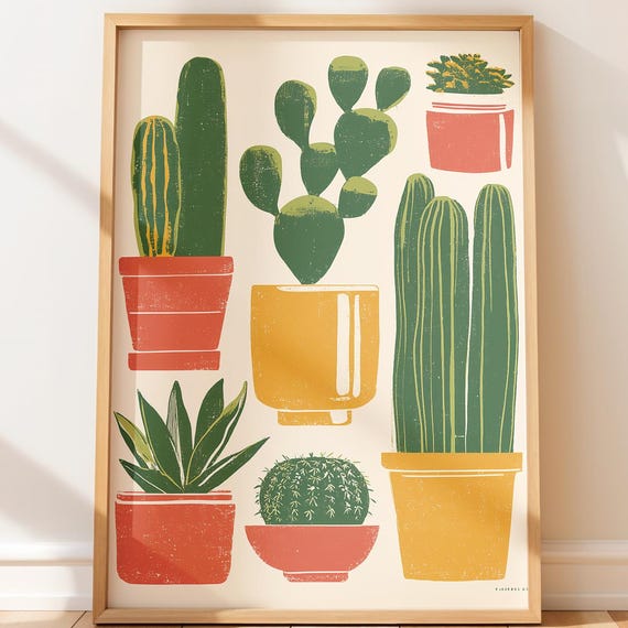Colorful Desert Plants Print Minimalist Cacti And Agave Wall Art Cute Midcentury Modern Decor Mid Century Retro Illustration