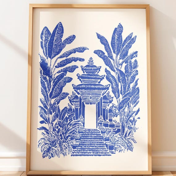 Bali Temple Art Print Blue Tropical Illustration