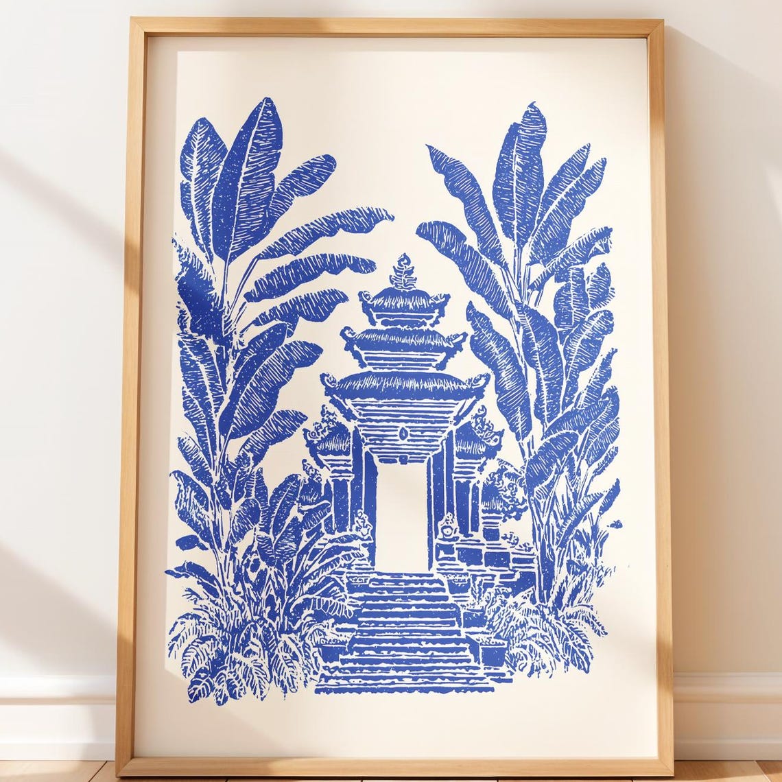 Bali Temple Art Print Blue Tropical Illustration