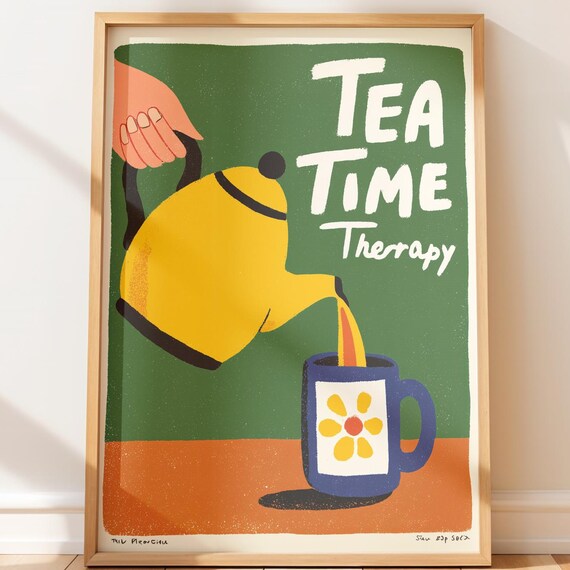 Tea Time Therapy Retro Teapot Print Cozy Kitchen Fun Decor Gift