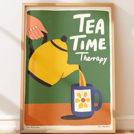 Vintage Teapot Pour Illustration Minimalist Retro Print Cozy Tea Time Wall Art Playful Kitchen Decor
