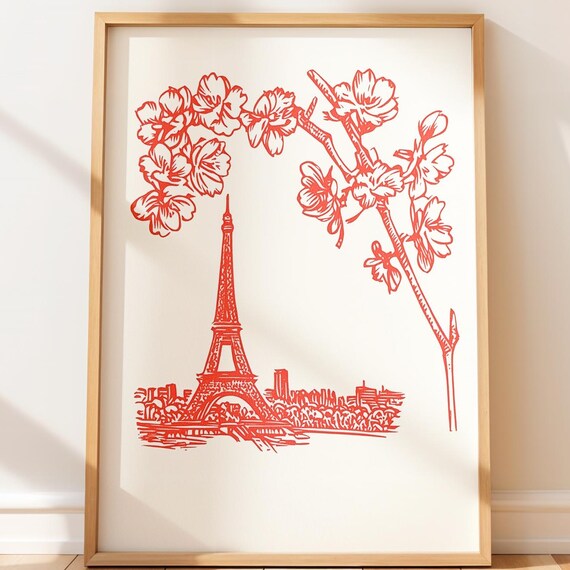 Paris Eiffel Tower Red Line Art Cherry Blossom Minimalist Poster