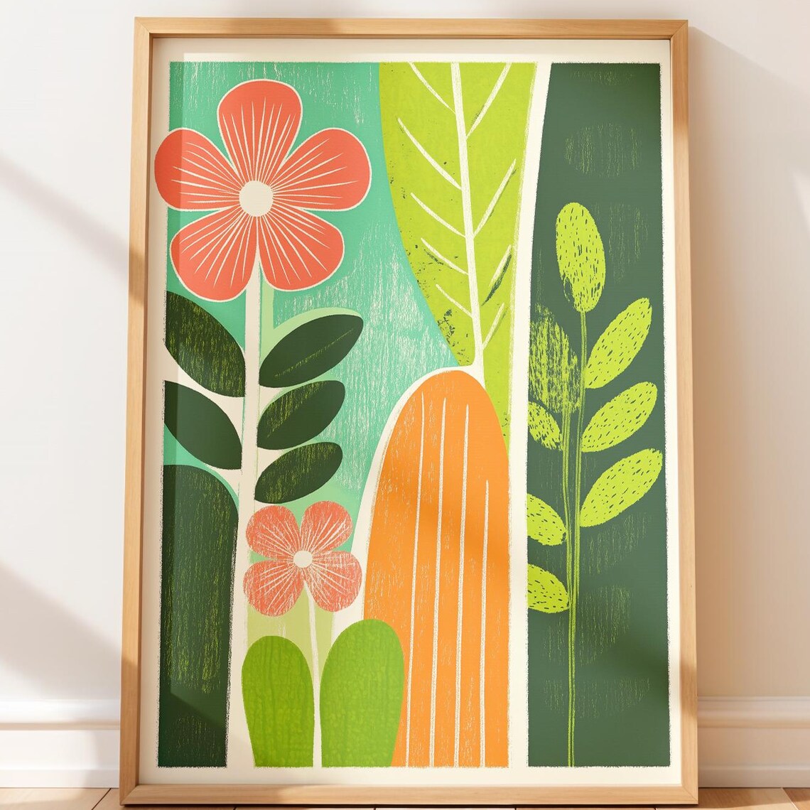 Scandinavian Coral Flowers Green Leaves Modern Floral Art Poster