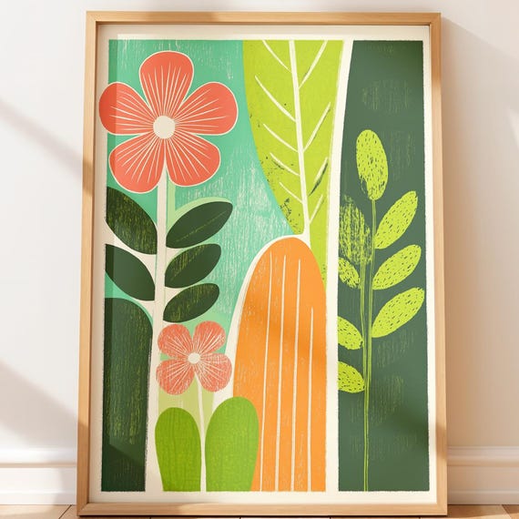 Cooltoned Moss And Arctic Flowers Art Modern Scandinavian Wall Decor Midcentury Geometric Design Retro Illustration