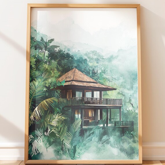 Jungle Safari Lodge Tropical Palms Watercolor Travel Art Print