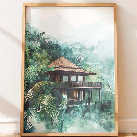 Safari Lodge Wall Art Tropical Jungle Painting Serene Travel Poster Illustration Print